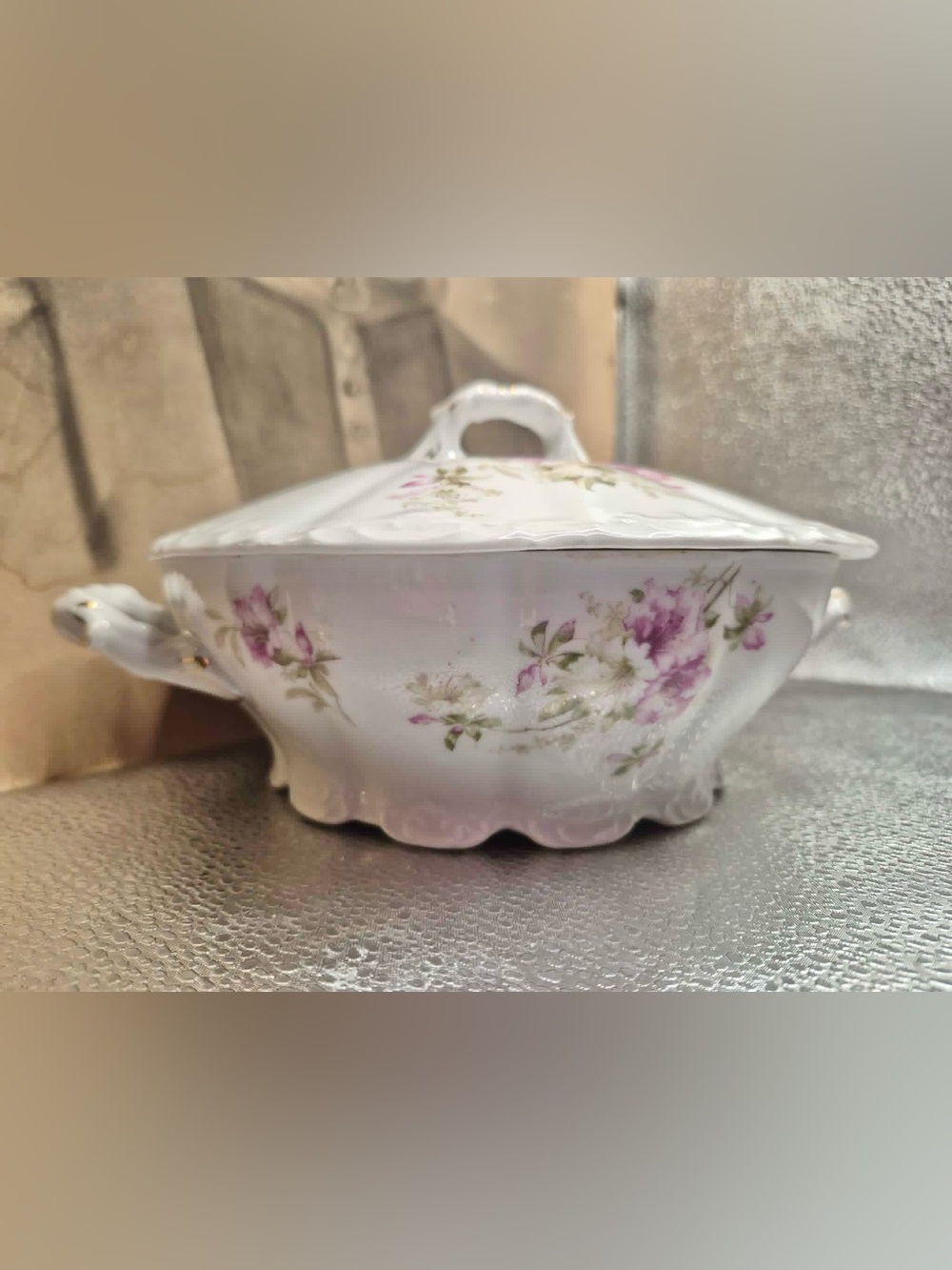 Weimar Germany Antique Porcelain Victorian Serving Dish with Lid in Pink Roses